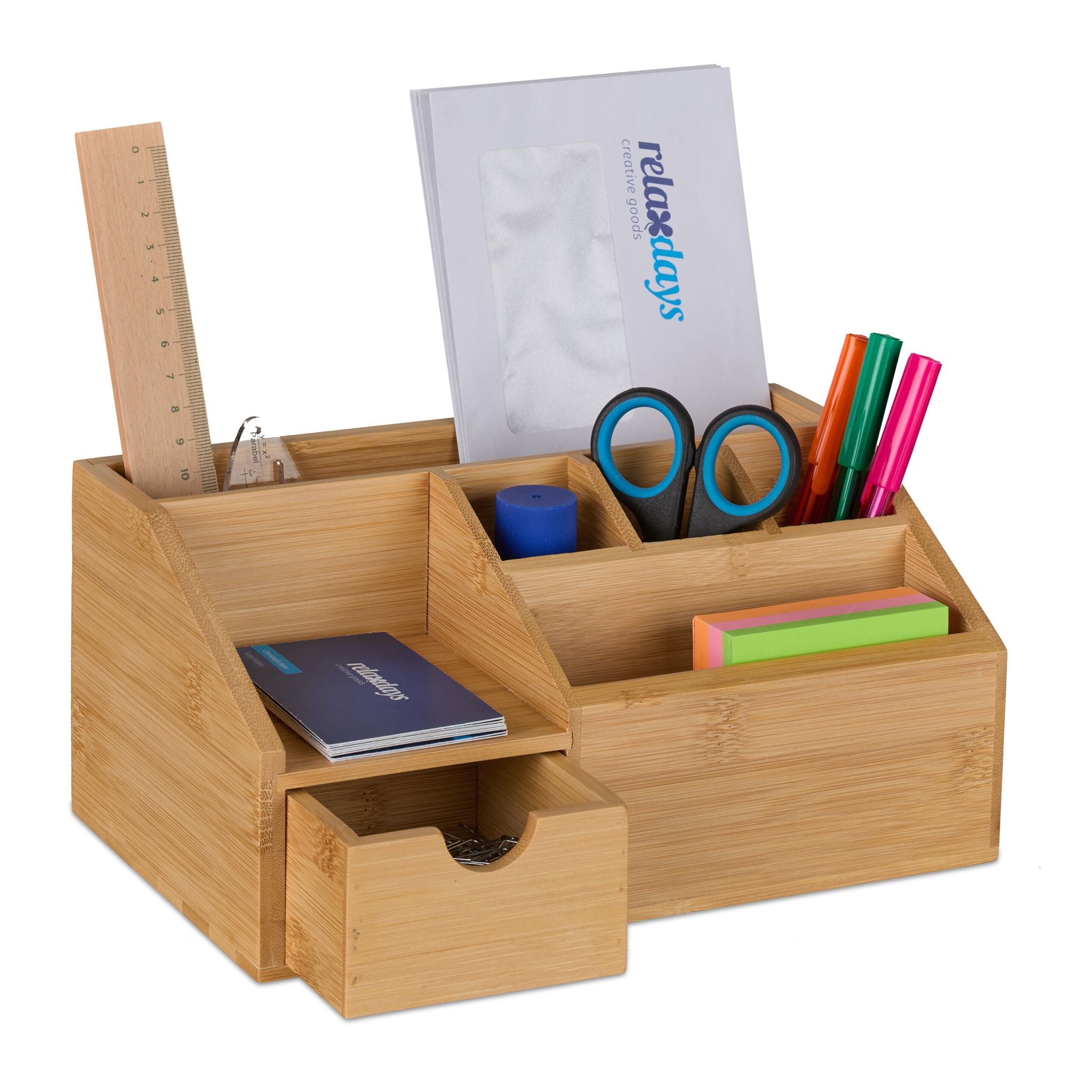 Schreibtisch Organizer mit Schublade aus Bambus – 6 Fächer Premium Ordnungssystem für Home Office & Büro