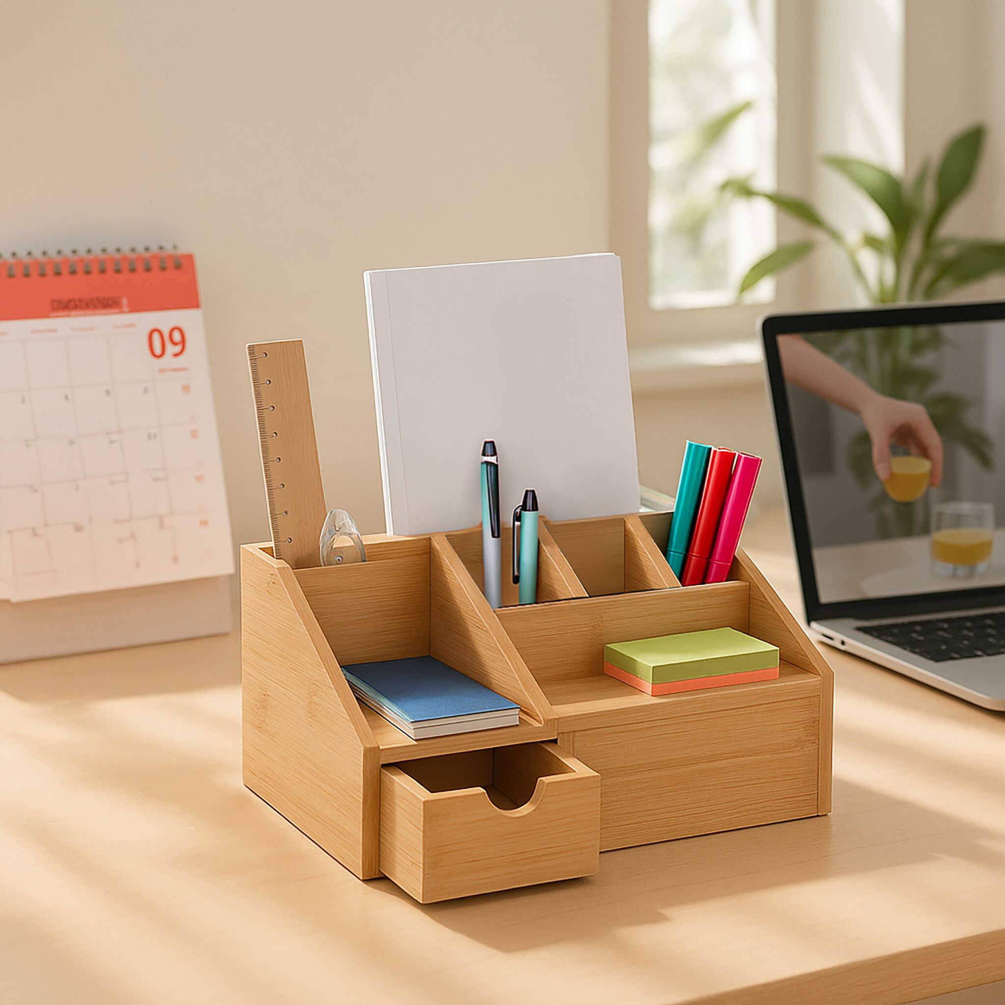 Schreibtisch Organizer mit Schublade aus Bambus – 6 Fächer Premium Ordnungssystem für Home Office & Büro