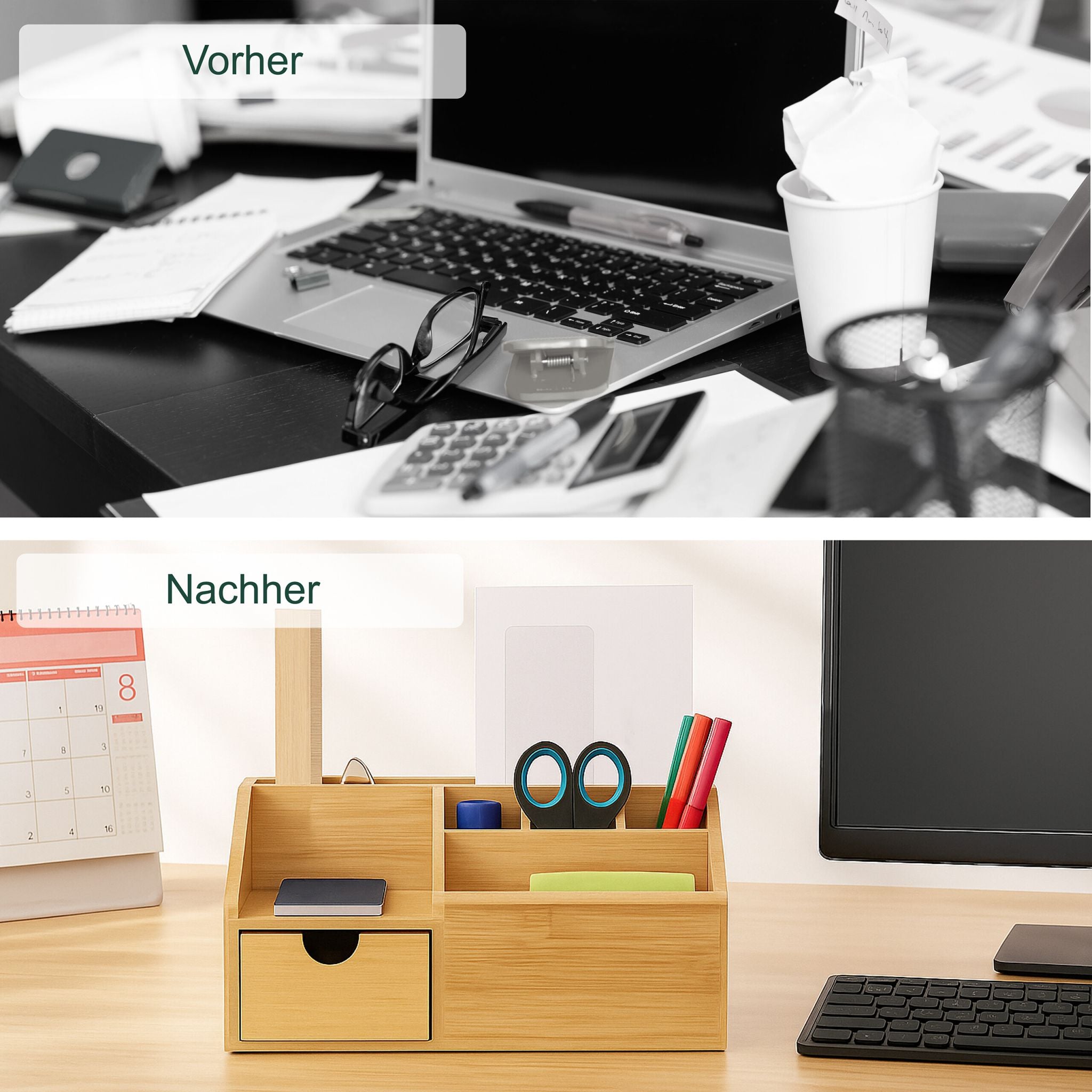 Schreibtisch Organizer mit Schublade aus Bambus – 6 Fächer Premium Ordnungssystem für Home Office & Büro