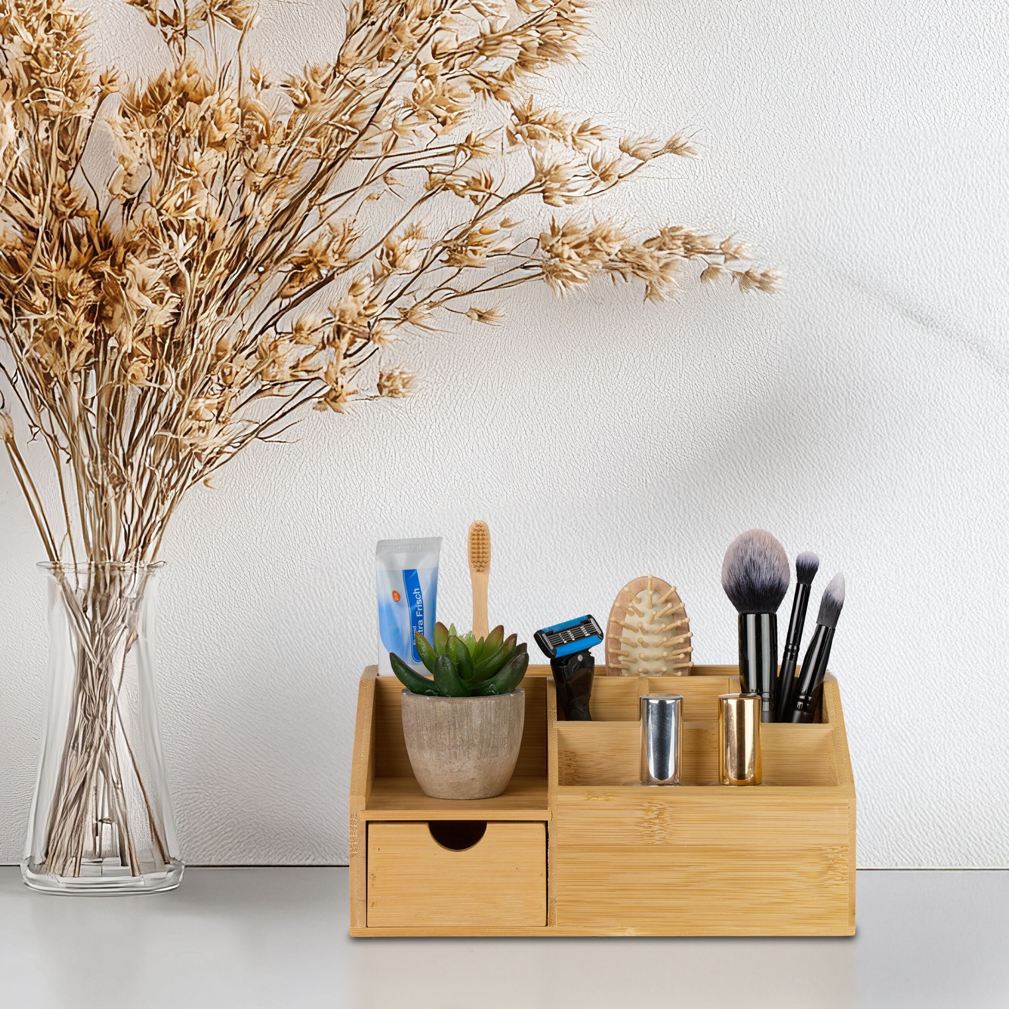Schreibtisch Organizer mit Schublade aus Bambus – 6 Fächer Premium Ordnungssystem für Home Office & Büro