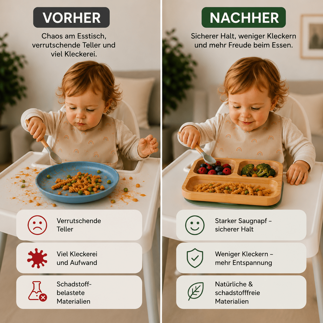 Kinderteller Bambus - Nie wieder verrutschende Teller beim Essen. - NINOOX